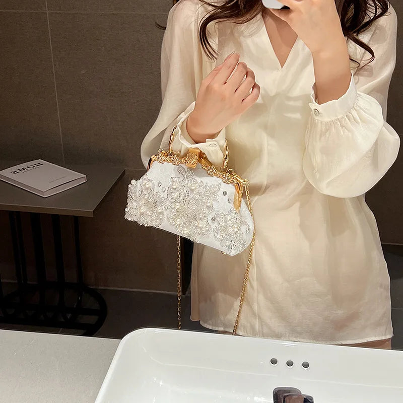 Vintage Fashion Wedding Bag Flowers Diamond Top Handle Lock Bags Chain Women Shoulder Crossbody Bag Bags Women's Handbags Purses