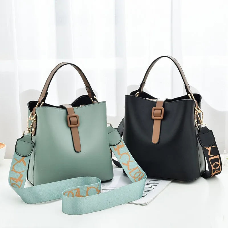 Elegant women's bucket bag with detachable wide shoulder strap, fashionable solid color crossbody shoulder bag, handbag