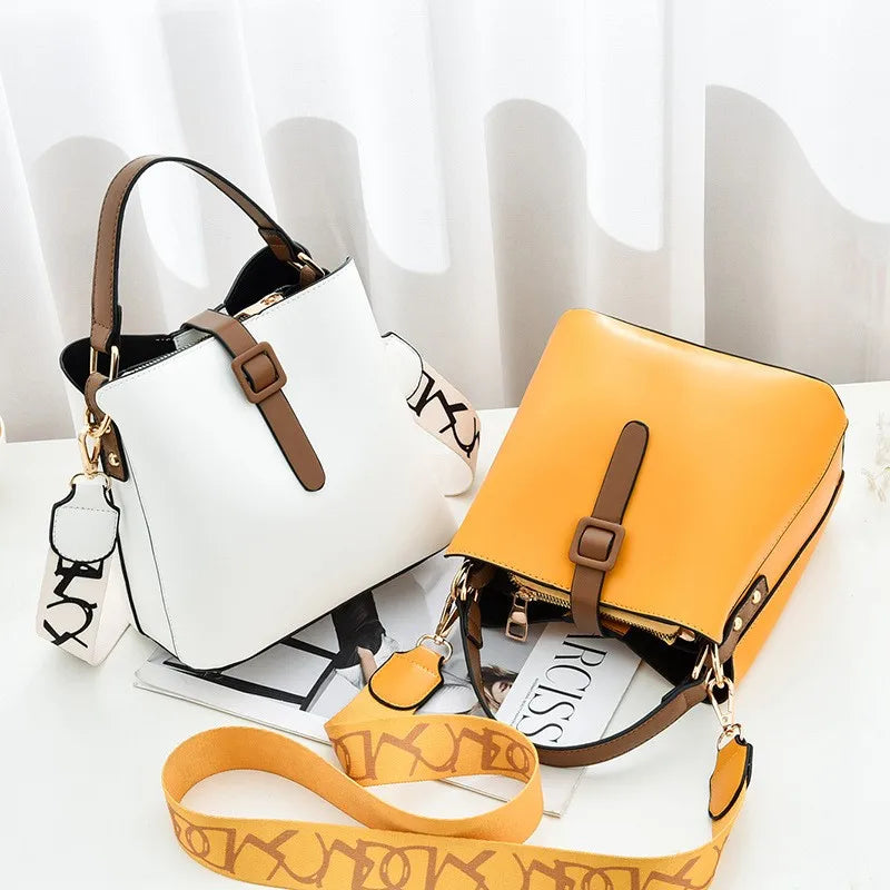 Elegant women's bucket bag with detachable wide shoulder strap, fashionable solid color crossbody shoulder bag, handbag